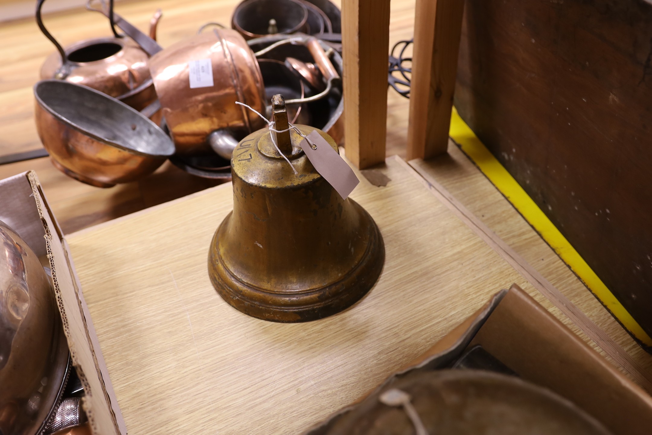 A bronze bell, impressed U/17, 20cm high, a ship’s binnacle, two-draw telescope, etc.